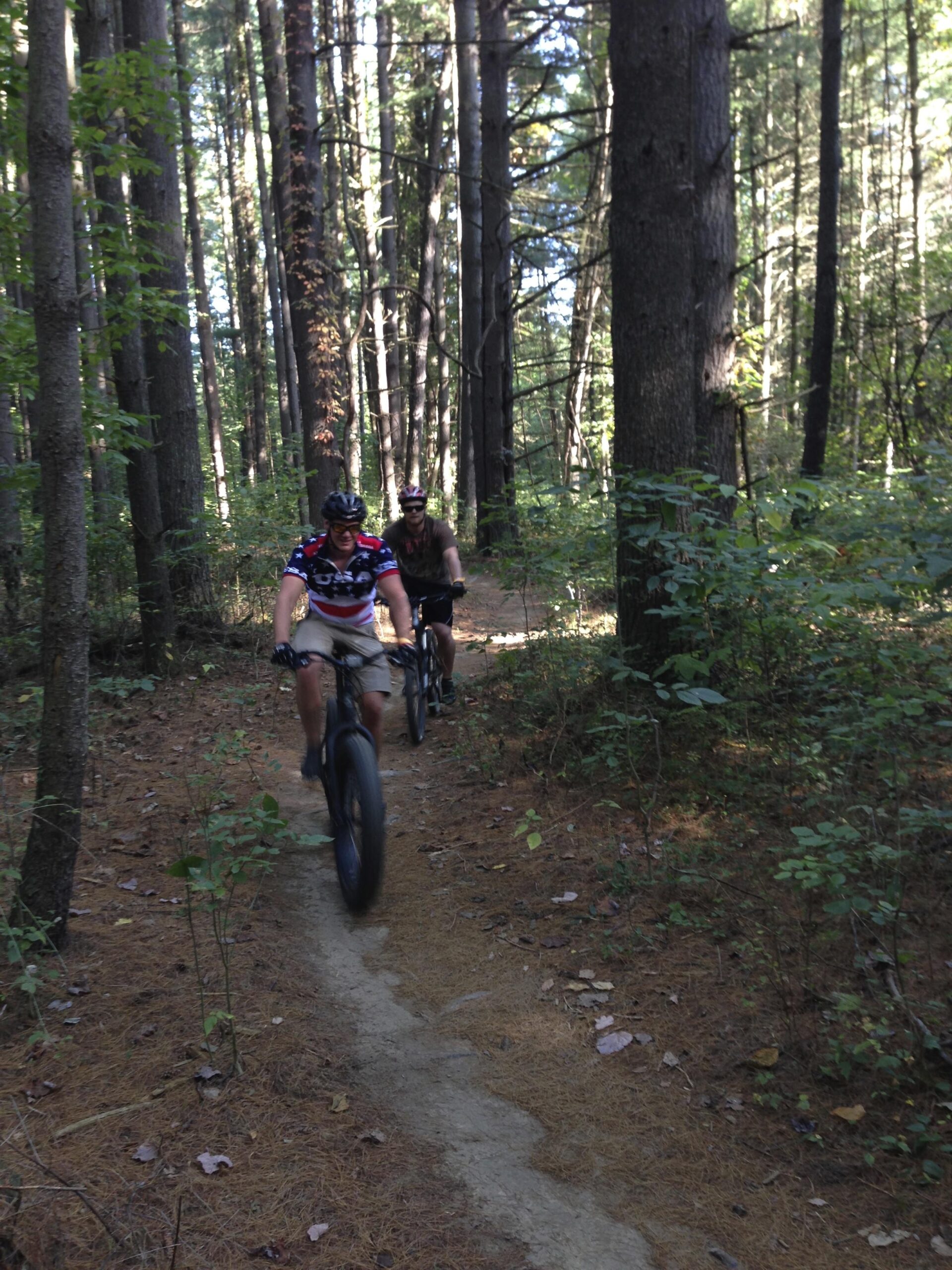 Two mountain bikers riding on a narrow dirt trail through a dense forest, with tall trees and sunlight filtering through the leaves. The first biker is wearing a colorful cycling jersey and helmet, while the second biker is dressed in casual clothing. Pine needles and leaves cover the ground along the trail. Brown County Park mountain bike trail.