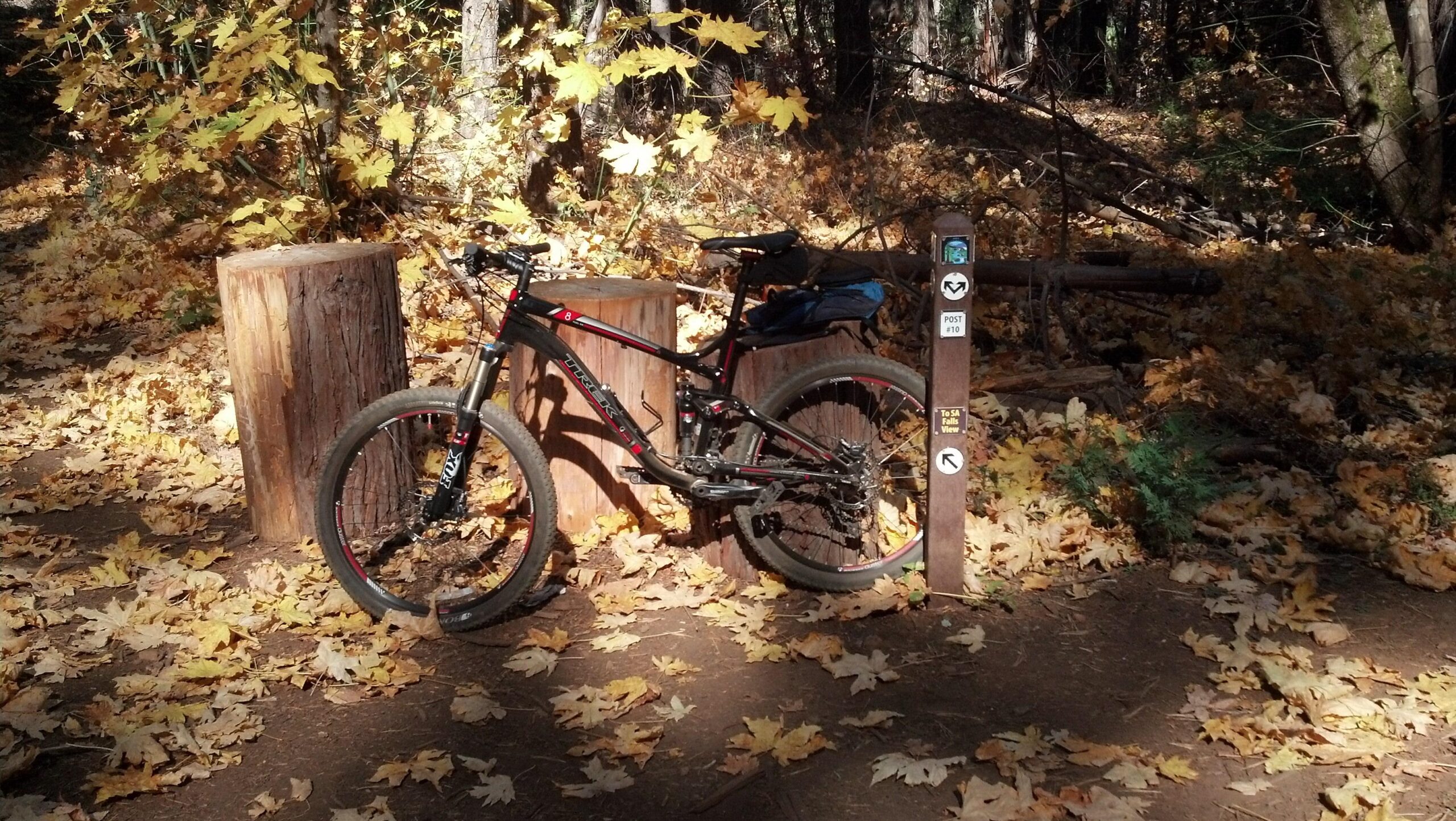 Trek Fuel EX 8: A mountain bike leaning against a wooden post next to two log benches, surrounded by autumn leaves on the ground. The post features directional signs, indicating a nearby trail to a viewpoint. Sunlight filters through the trees in a forested area.
