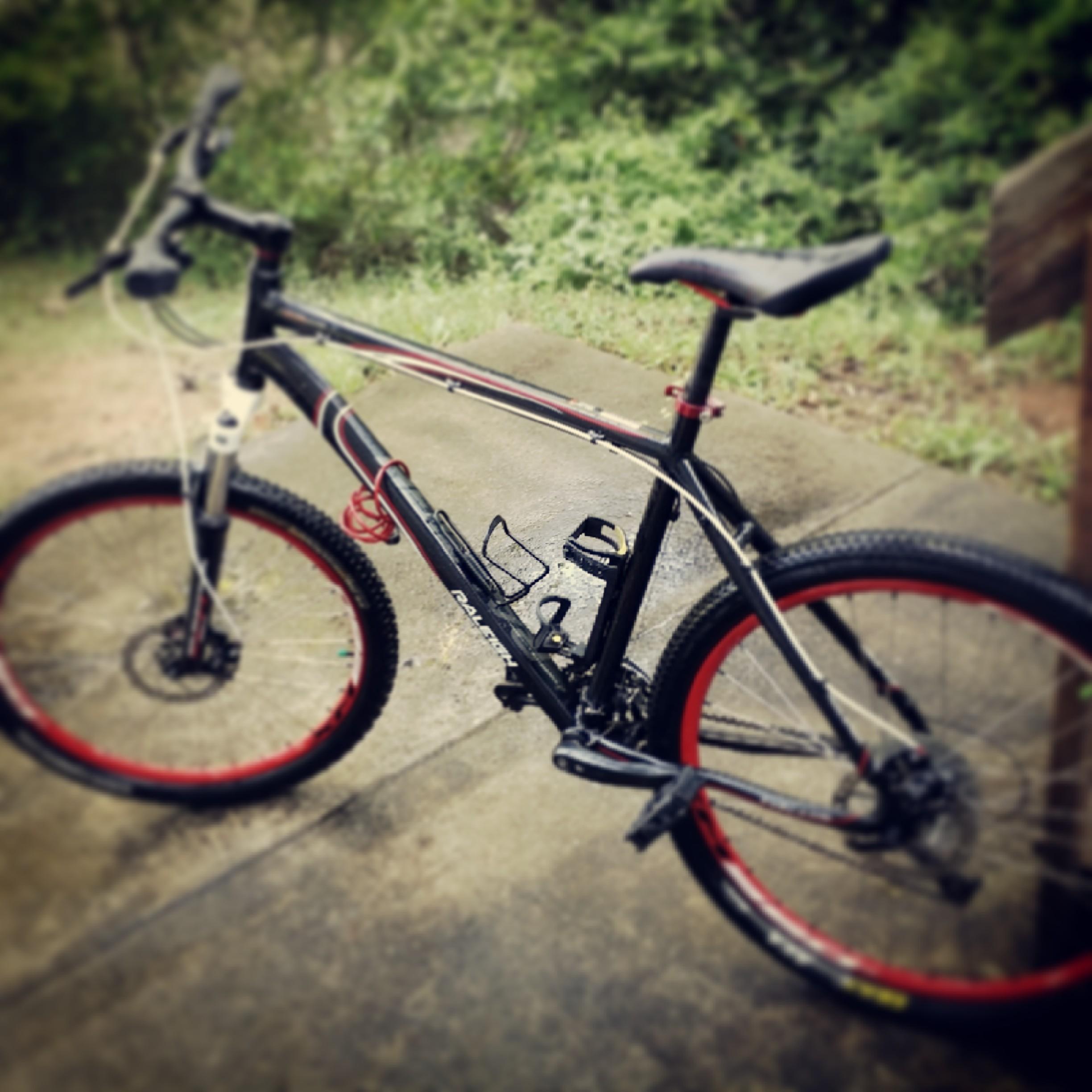 Raleigh Talus 5.0: A black mountain bike with red accents is parked on a concrete surface, featuring a water bottle holder and visible tire tread patterns. Surrounding vegetation is blurred in the background, indicating an outdoor setting.