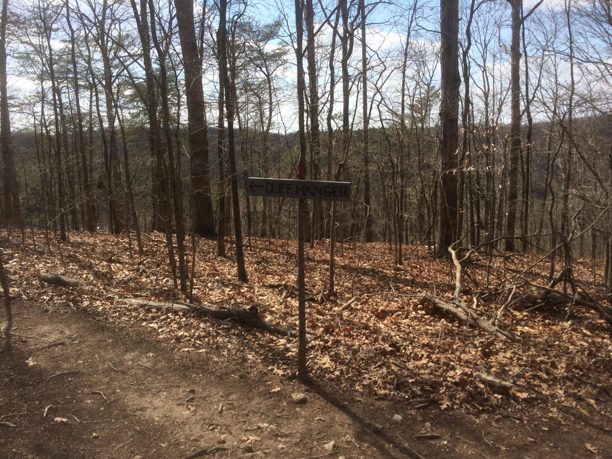 Signpost indicating the direction to "Cliff Hanger" along a forested trail, surrounded by bare trees and fallen leaves on the ground, under a partly cloudy sky. Wildwood Trails mountain bike trail.