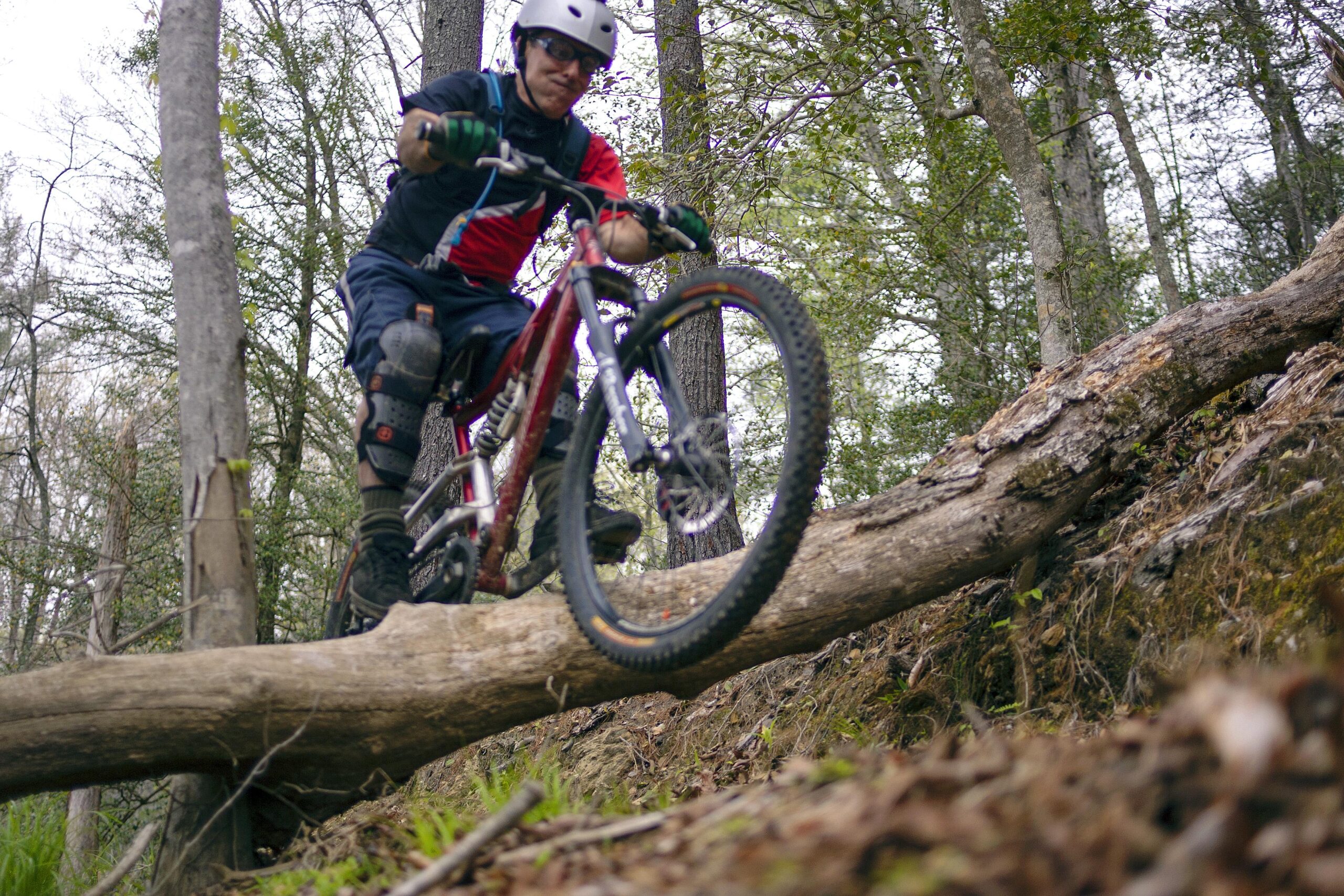A mountain biker navigating a log over rough terrain in a wooded area, wearing a helmet and protective gear, focused on maintaining balance while riding. Warrior Creek mountain bike trail.