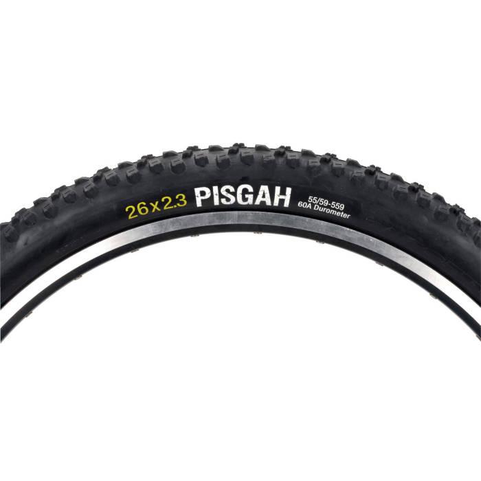 Forte Pisgah 26x2.3: A close-up image of a mountain bike tire labeled "PISGAH" with the dimensions 26 x 2.3. The tire features a textured tread pattern for improved traction and includes specifications for size and durometer rating.