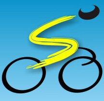 A stylized graphic of a bicycle with a yellow, dynamic line representing motion, set against a blue background. The design features a minimalistic approach with bold black wheels and a swirling line that forms part of the bike frame.