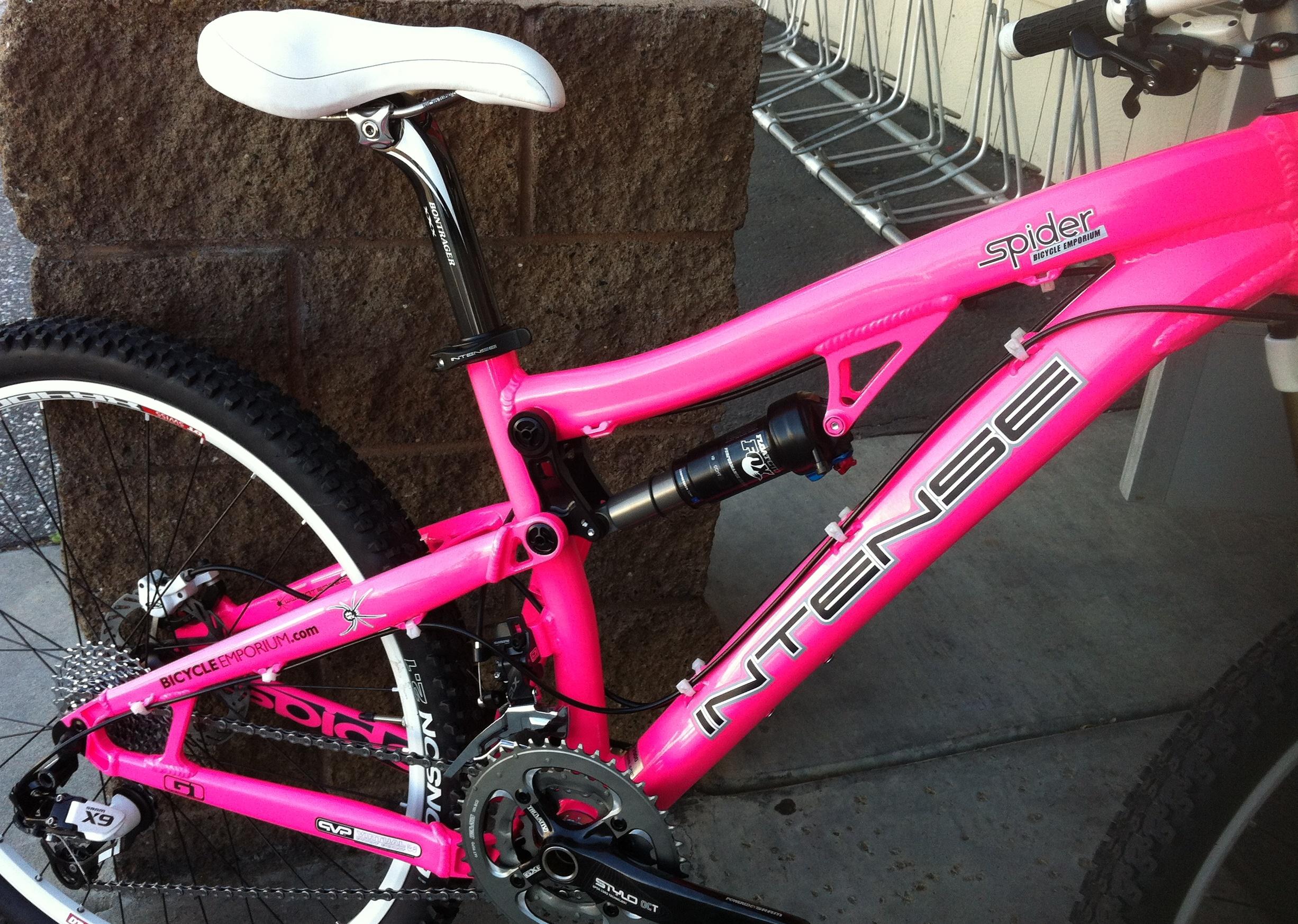 Intense Spider 2: A close-up view of a bright pink mountain bike featuring a lightweight frame, front suspension, and a sleek, modern design. The bike is positioned against a textured stone wall, highlighting its vivid color. The seat is white, and the bike includes mechanisms for adjusting the suspension.