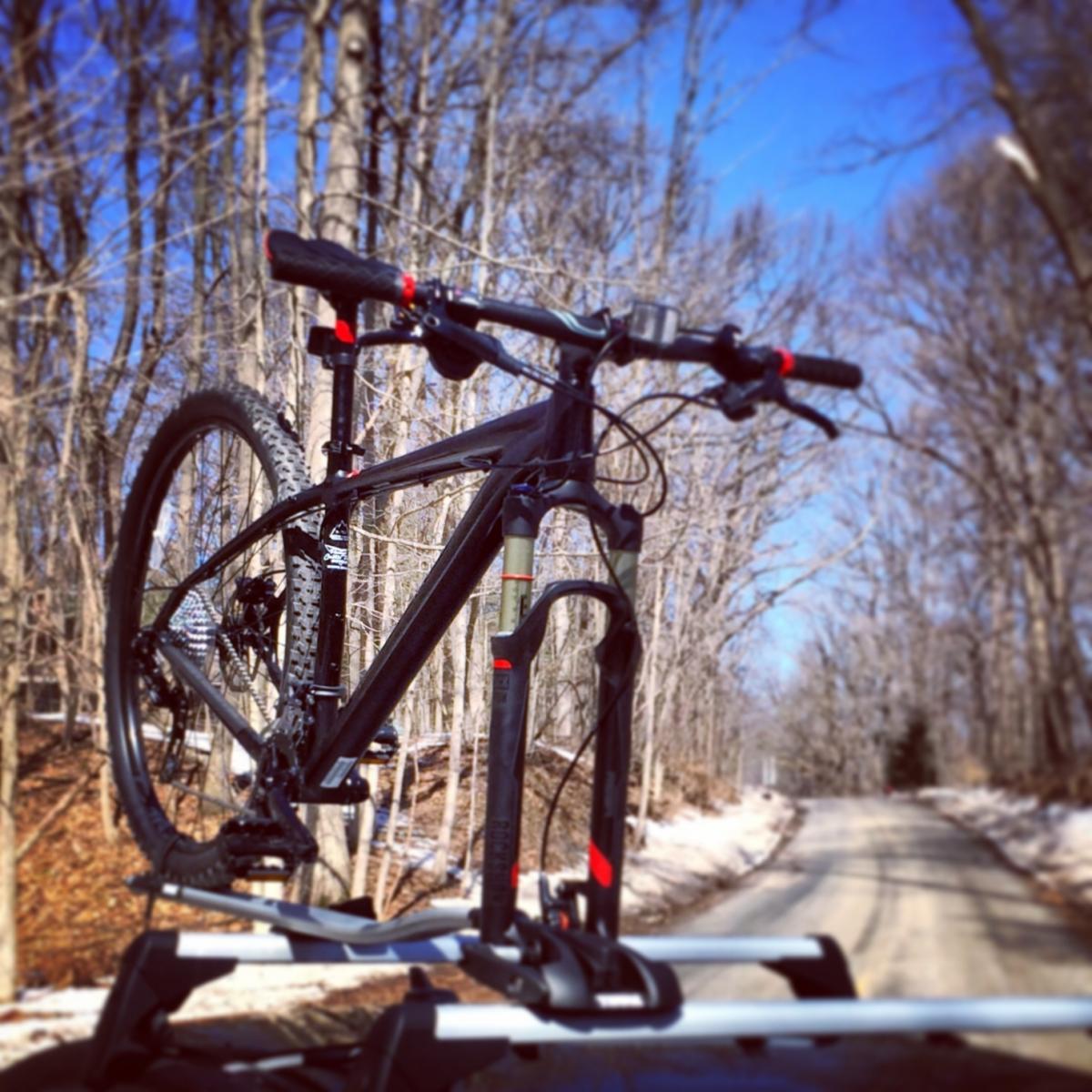 Specialized Carve Expert 29er: A black mountain bike is secured on a roof rack, with a blurred view of a dirt road and trees in the background. The sky is clear and blue, indicating a sunny day, while some snow is still visible along the roadside.