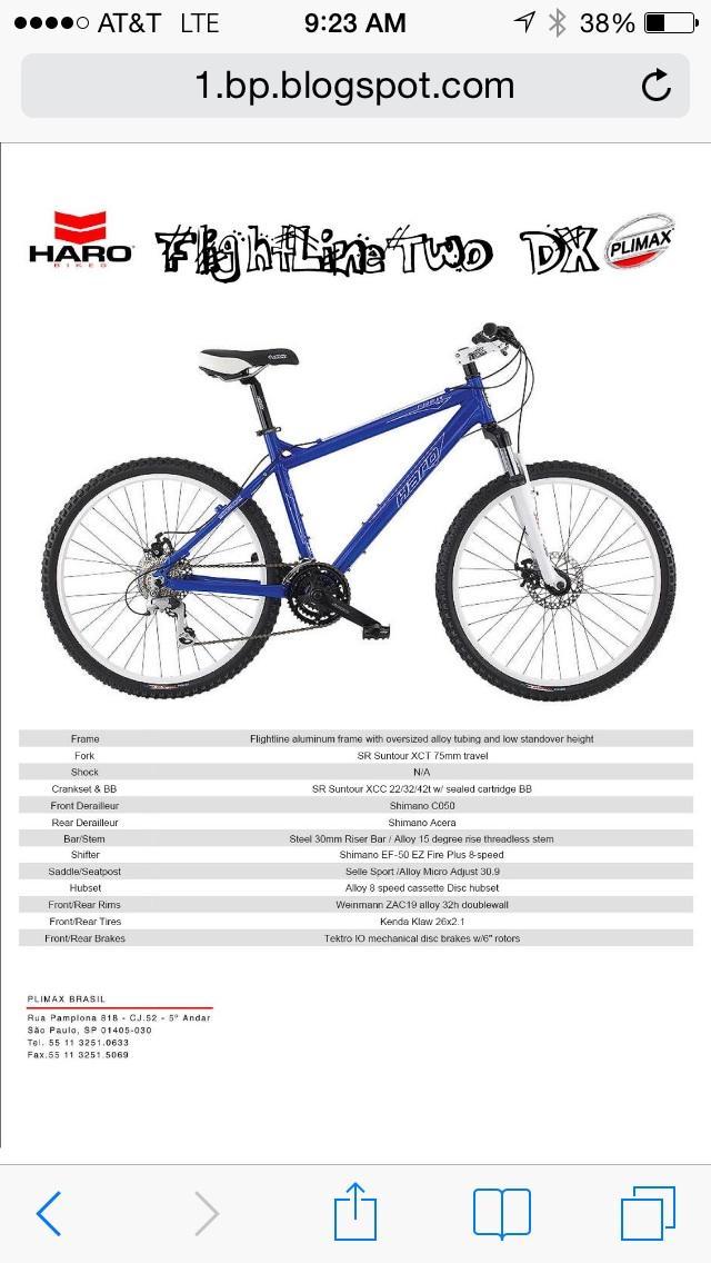 Haro Flightline Two: An image of a blue Haro Flightline Two DX mountain bike, featuring a lightweight aluminum frame, front suspension, and mechanical disc brakes. The bike includes detailed specifications listed below, highlighting components such as the SR Suntour fork, Shimano gear system, and Kenda tires.