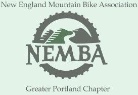 Logo of the New England Mountain Bike Association (NEMBA) for the Greater Portland Chapter, featuring a bicycle gear and a stylized depiction of a trail with trees.