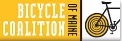 Logo of the Bicycle Coalition of Maine, featuring bold yellow text and a graphic of a bicycle with a spiral wheel design.