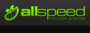 Logo of Allspeed Cyclery & Snow featuring the text "allspeed" in bold green letters, accompanied by a graphic of a bicycle wheel and silhouettes of cyclists, set against a dark background.