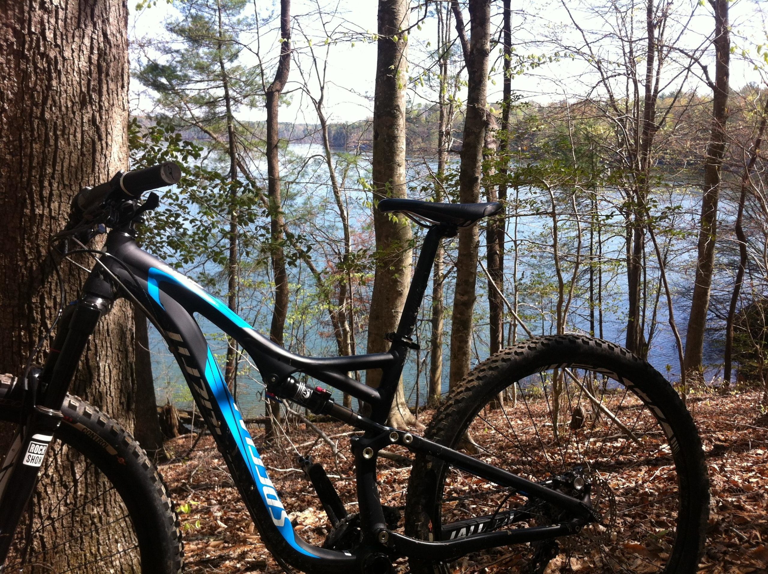 A mountain bike leaning against a tree in a forested area, with a view of a sparkling blue lake in the background. Surrounding the bike are fallen leaves and trees, indicating a natural outdoor setting. Warrior Creek mountain bike trail.