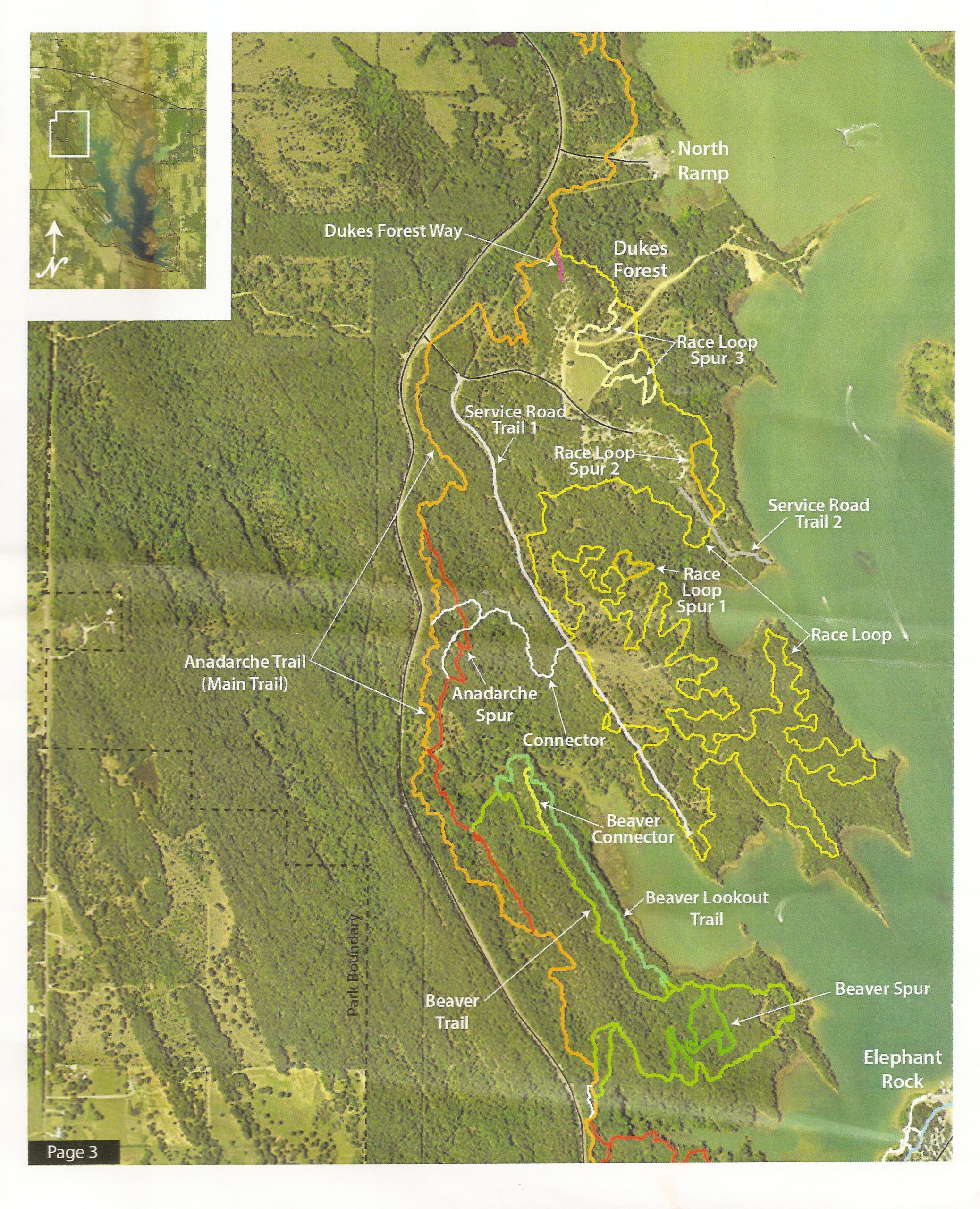 Map showing a network of trails at Dukes Forest, including the Anadarch Trail, Beaver Trail, and various spurs and connectors. The map features labeled paths in different colors, a small inset showing the surrounding area, and a north arrow for orientation. Lake Murray State Park mountain bike trail.
