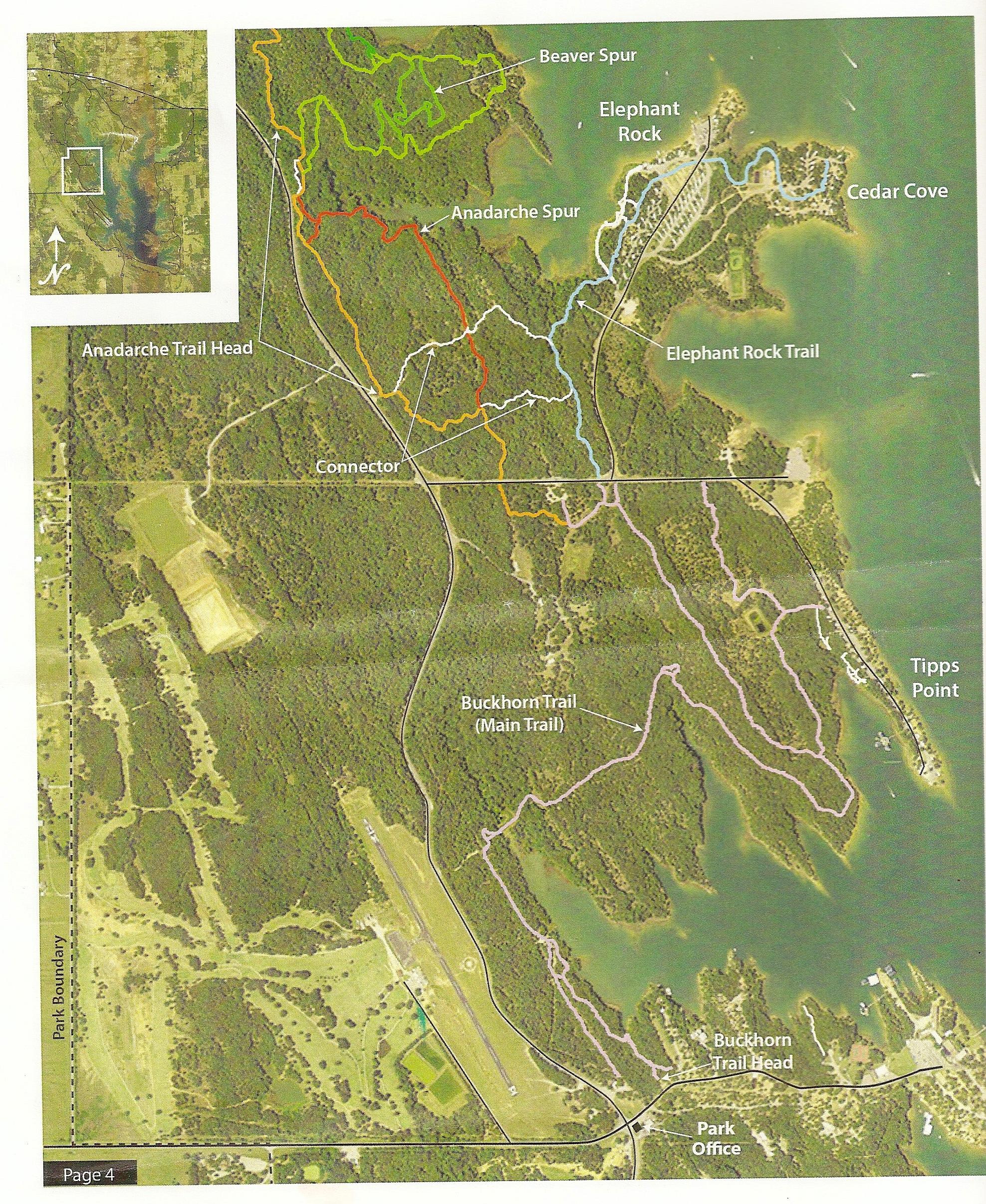 Map of a park featuring various trails, including the Anadarch Spur, Buckhorn Trail, and Elephant Rock Trail. The map indicates trailheads, park boundaries, and notable locations like Cedar Cove and Tipp's Point, along with a small inset map for orientation. Lake Murray State Park mountain bike trail.