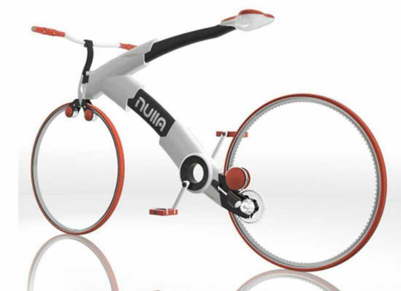 A futuristic bicycle design featuring a sleek white frame with bold red accents, showcasing an innovative wheel structure. The bike has a minimalist aesthetic, with two large, circular wheels and a streamlined body. The handlebars and pedals are distinctly designed, emphasizing modern engineering and style. The background is plain to highlight the bike