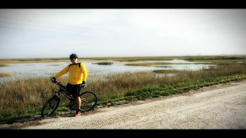 A person in a yellow jacket stands next to a mountain bike on a gravel path, set against a scenic backdrop of wetlands and fog. Tall grasses and patches of water are visible in the background, creating a serene nature scene. Markham Park mountain bike trail.