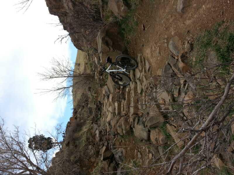 A white mountain bike positioned on a rocky, uneven trail surrounded by sparse vegetation and trees under a cloudy sky. North Table Mountain mountain bike trail.
