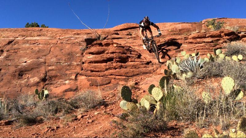 A mountain biker descends a steep red rock formation, surrounded by desert vegetation, including cacti and shrubs, against a clear blue sky. Hiline mountain bike trail.