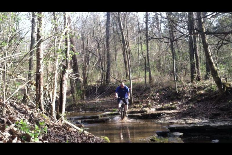 A mountain biker rides through a shallow stream in a wooded area, surrounded by trees and greenery. The sun shines through the branches, creating a bright and lively atmosphere. Knucklehead mountain bike trail.