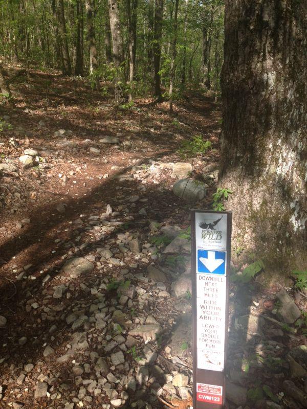 Sign marking a downhill mountain bike trail in a wooded area, with a rocky path ahead and lush green trees surrounding it. The sign includes safety advice for riders, emphasizing to ride within their ability. Coldwater Mountain mountain bike trail.