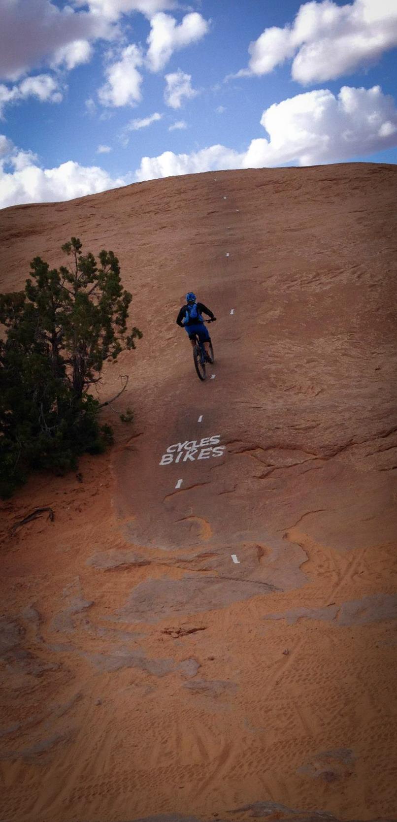 A mountain biker in a blue outfit rides up a steep, rocky surface with a few scattered clouds in the blue sky above. The words "CYCLES BIKES" are painted on the ground near the bike path. A tree is visible in the lower left corner of the image. Slickrock mountain bike trail.