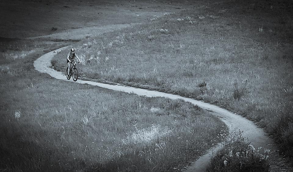 A black and white image of a cyclist riding along a winding dirt path through a grassy landscape. The scene captures the serenity of nature, highlighting the curves of the trail and the surrounding vegetation. Green Mountain mountain bike trail.