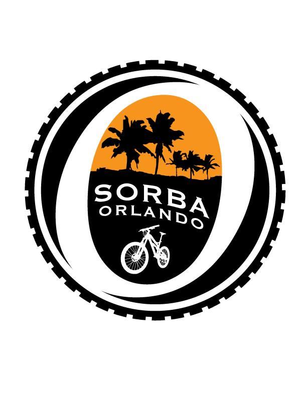 Logo for SORBA Orlando featuring a silhouette of palm trees against an orange background, with a white bicycle graphic and the text "SORBA ORLANDO" prominently displayed. The design is framed by a circular tire tread.