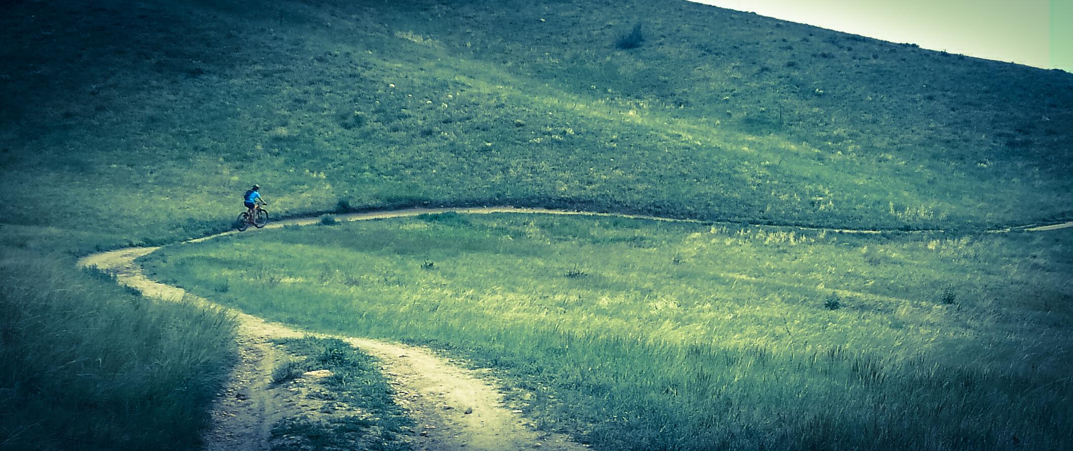 A mountain biker riding along a winding dirt trail through a grassy landscape, with rolling hills in the background. The scene conveys a sense of adventure and outdoor activity. Green Mountain mountain bike trail.