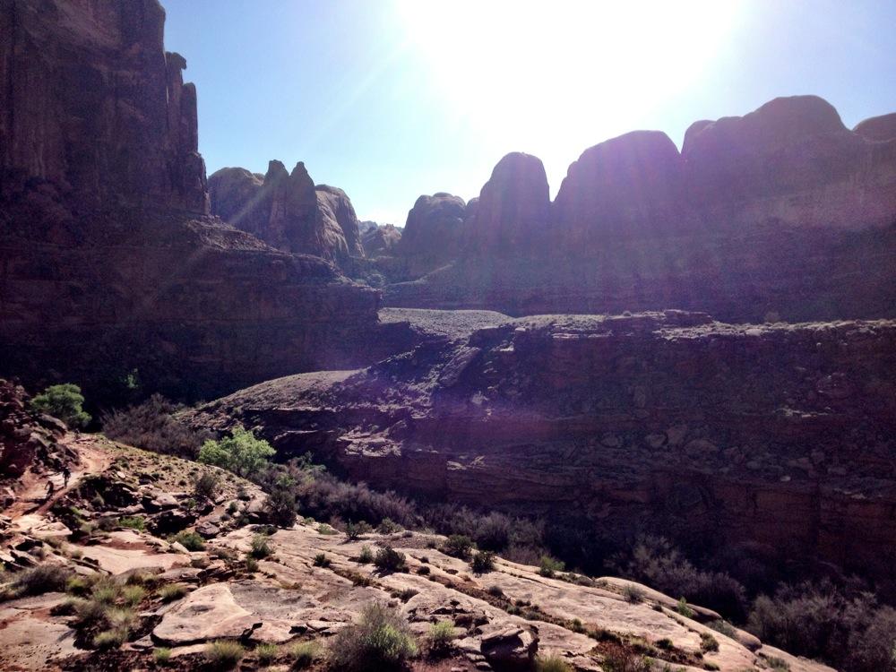 A scenic view of a rocky landscape with towering cliffs illuminated by bright sunlight. A winding path leads through the foreground, surrounded by sparse vegetation and shrubs. The deep canyon stretches into the distance, showcasing the rugged terrain and dramatic rock formations. Amasa Back Area mountain bike trail.
