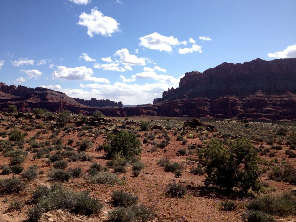 A desert landscape featuring reddish-brown rock formations and scattered shrubs under a partly cloudy blue sky. The horizon showcases steep cliffs and rugged terrain, typical of desert environments. Moab Brand Trails mountain bike trail.