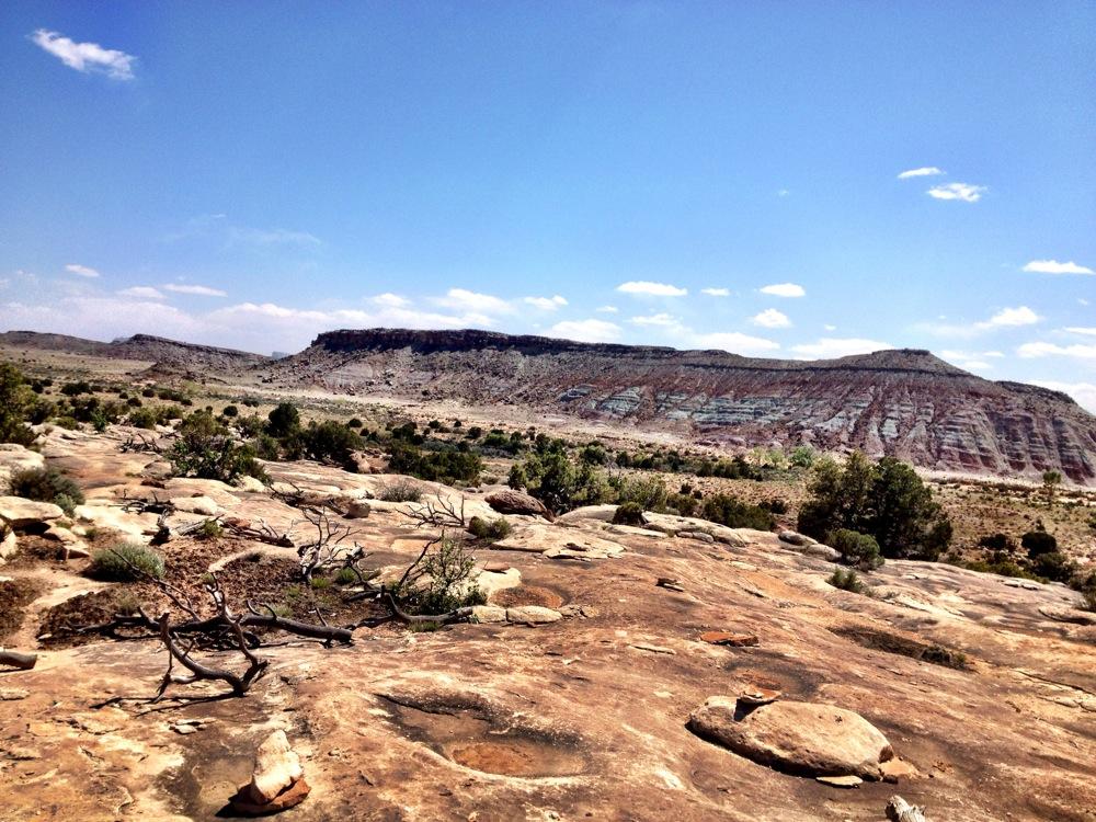 A panoramic view of a rocky desert landscape under a clear blue sky, featuring layered cliffs in the background, scattered shrubs, and sparse vegetation on the ground. The terrain includes flat rock surfaces with some dry branches and small plants. Miner's Loop mountain bike trail.