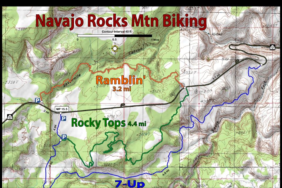 Topographic map for mountain biking at Navajo Rocks, featuring trail names and distances, including "Ramblin'" (3.2 miles) and "Rocky Tops" (4.4 miles). The map highlights parking areas, contour lines, and nearby roadways. Navajo Rocks mountain bike trail.