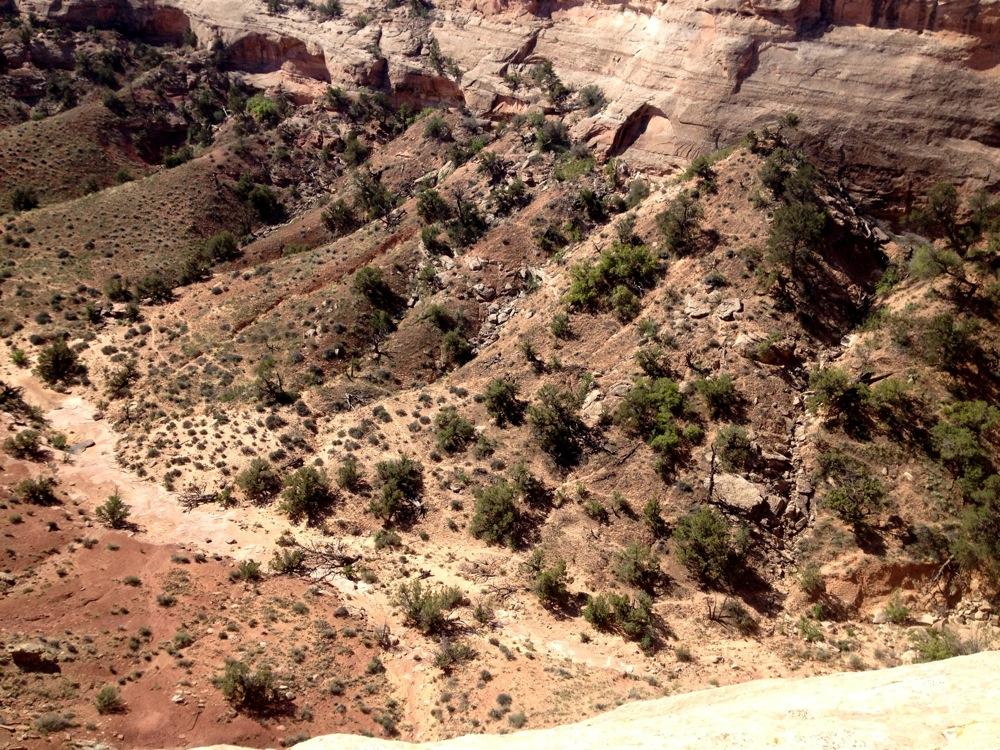 Aerial view of a rugged canyon landscape featuring steep, rocky slopes, sparse vegetation, and winding paths. The terrain displays a mix of reddish soil and green shrubs, with layered rock formations in the background. Rocky Tops mountain bike trail.