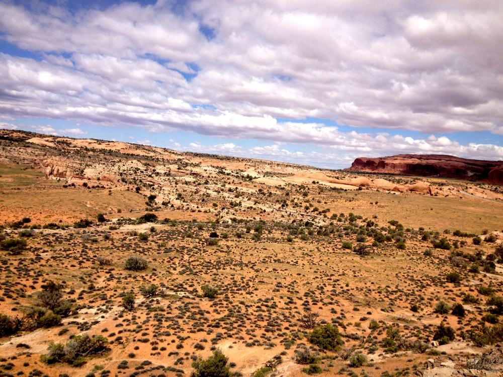 Landscape view of a vast arid desert terrain featuring scattered bushes and rocky formations under a partly cloudy sky. The horizon reveals rolling hills and distant cliffs, showcasing a natural, rugged beauty typical of a southwestern region. Rocky Tops mountain bike trail.
