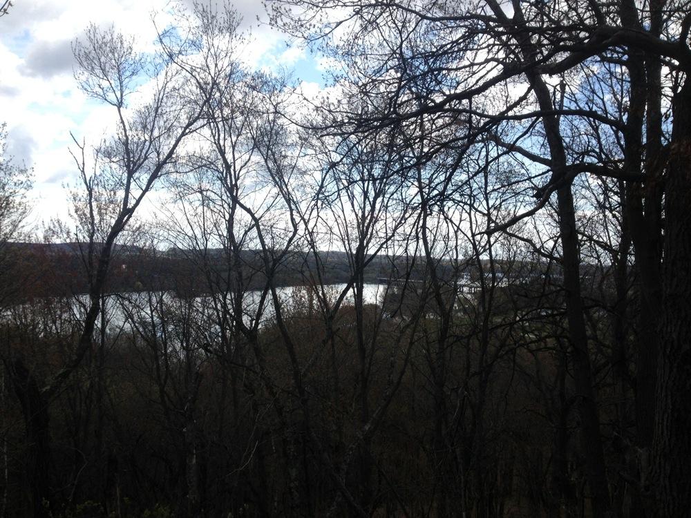 A scenic view of a lake framed by bare trees and greenery, under a partly cloudy sky. The calm water reflects the clouds, creating a serene natural landscape. Northwest Park mountain bike trail.