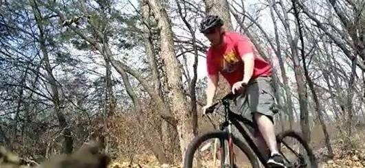 Specialized Hardrock Sport Disc 29er: A person riding a mountain bike on a dirt trail surrounded by trees, wearing a red shirt, shorts, and a helmet. The scene captures the outdoor activity in a natural setting with bare trees and fallen leaves.