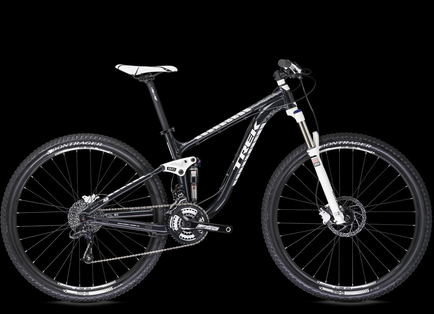 Trek Fuel EX 5 29: Alt text: A black and white mountain bike with a sleek design, featuring thick tires, a front suspension fork, and a dual suspension system. The bike is positioned against a black background, highlighting its frame and components.