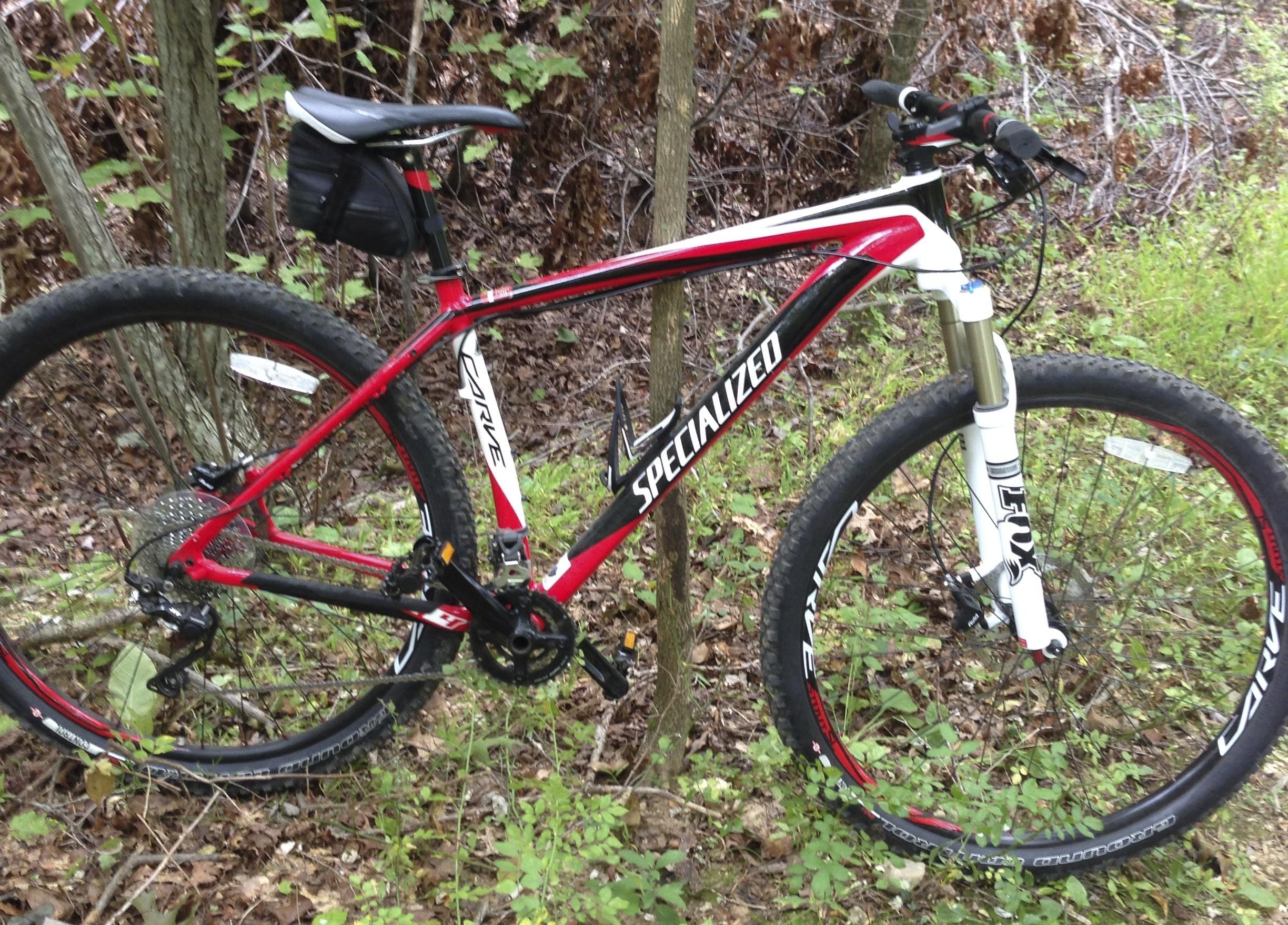 Specialized Carve Pro: A red and black mountain bike is parked among grass and leafy underbrush, with a black saddle bag attached to the seat. The bike features large tires and a front suspension fork, set against a backdrop of trees and foliage.