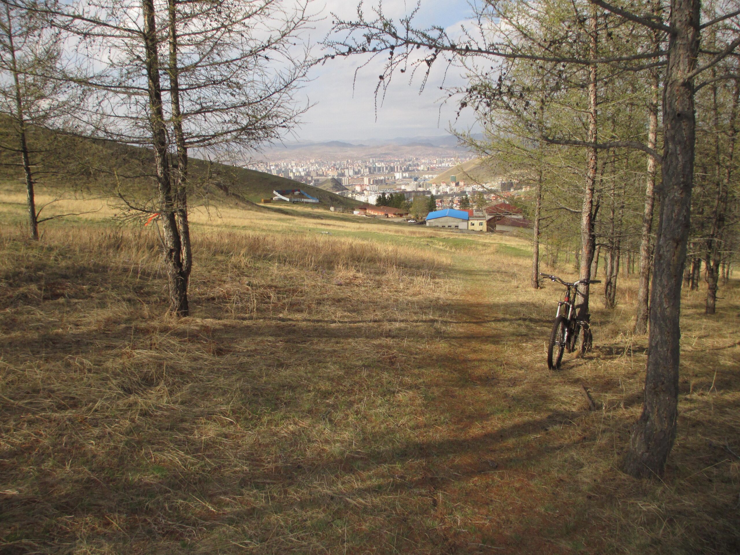 A mountain bike resting on a dirt path among trees, overlooking a grassy hillside with a city in the background on a clear day. Zaisan Chutes mountain bike trail.