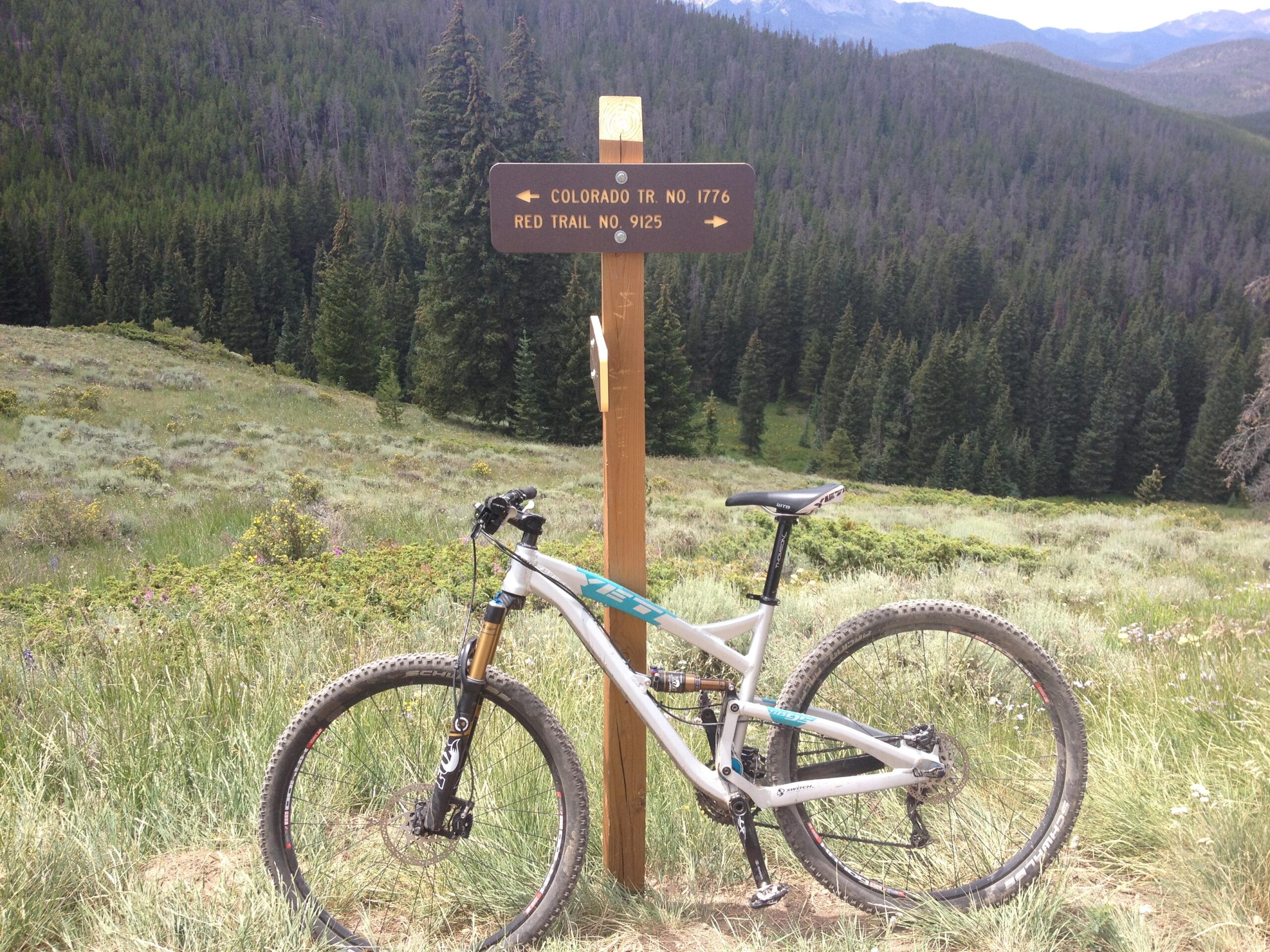 Yeti SB 95: A mountain bike leaning against a trail sign that reads "COLORADO TR NO. 1776" and "RED TRAIL NO. 9125," set in a lush green landscape with dense trees in the background and a clear blue sky.