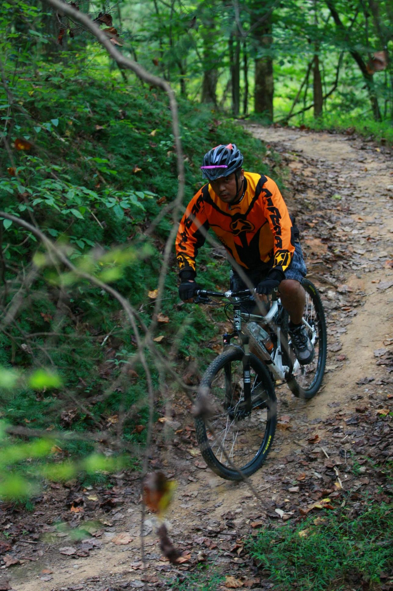 A mountain biker in an orange and black jersey navigates a narrow dirt trail surrounded by greenery and fallen leaves. The cyclist is focused on the path ahead while wearing a helmet and gloves. Overmountain Victory Trail mountain bike trail.