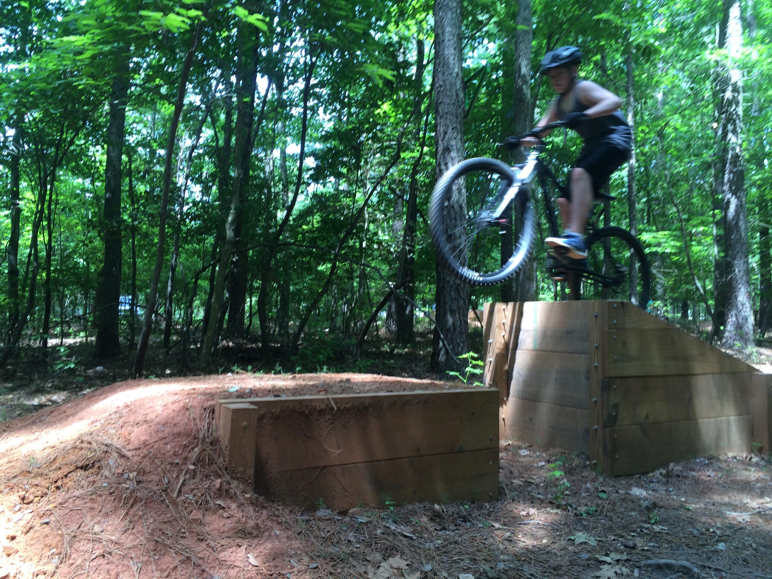 Gary Fisher Rig 29er: A person riding a mountain bike jumps off a wooden ramp in a forested area. The scene is filled with trees and greenery, creating a natural backdrop for the action. The rider is wearing a helmet and casual athletic clothing.