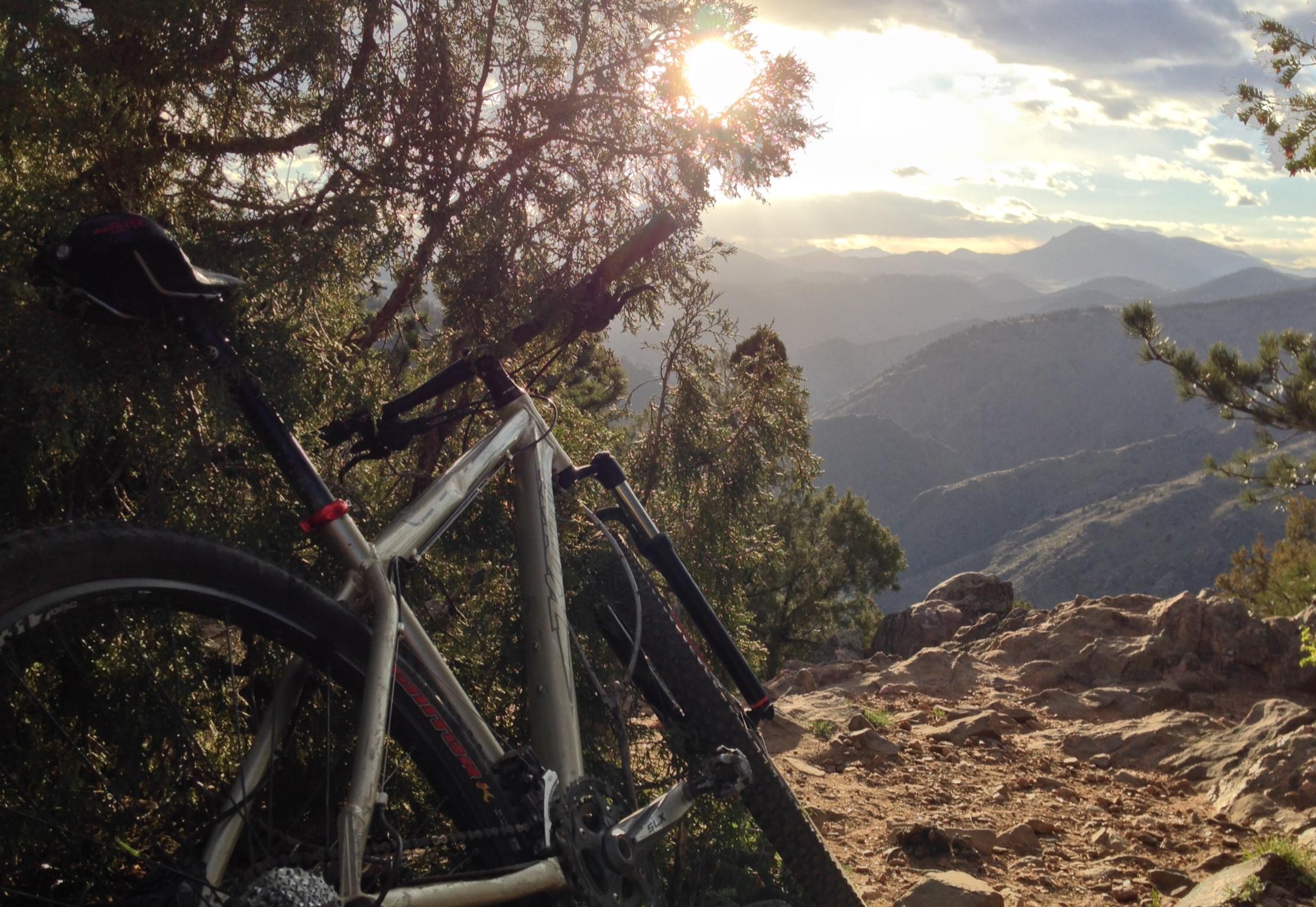 Kona Big Kahuna: Alt text: A mountain bike leans against a tree branch, with a scenic view of rolling hills and mountains in the background. The sun is setting, casting a warm glow over the landscape.