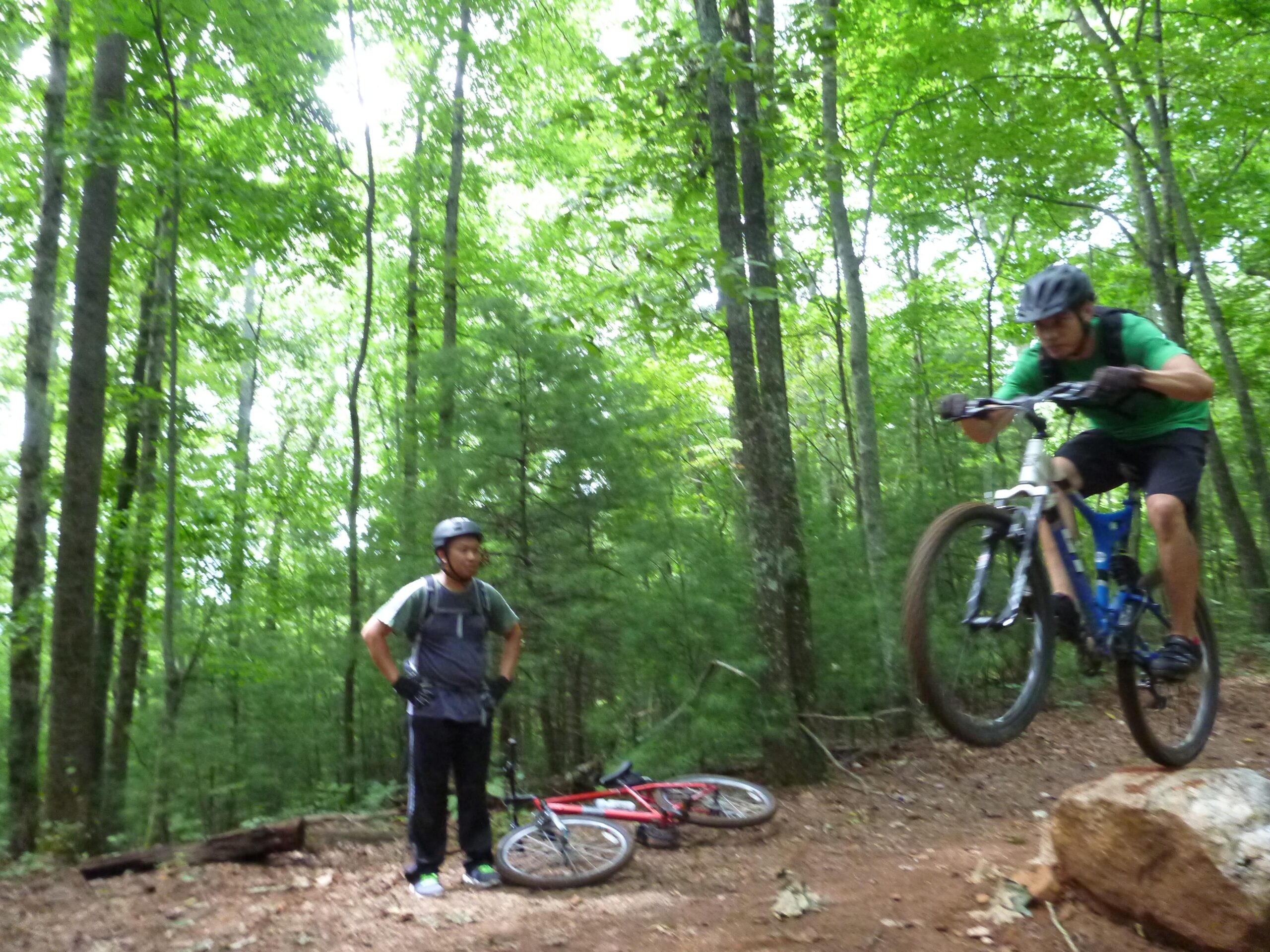 A mountain biker in a green shirt and helmet jumps over a rock while another cyclist in a gray shirt and helmet watches nearby. They are in a dense forest with lush green trees. Two bikes are resting on the ground, one red and one blue. Dark Mountain Trail mountain bike trail.