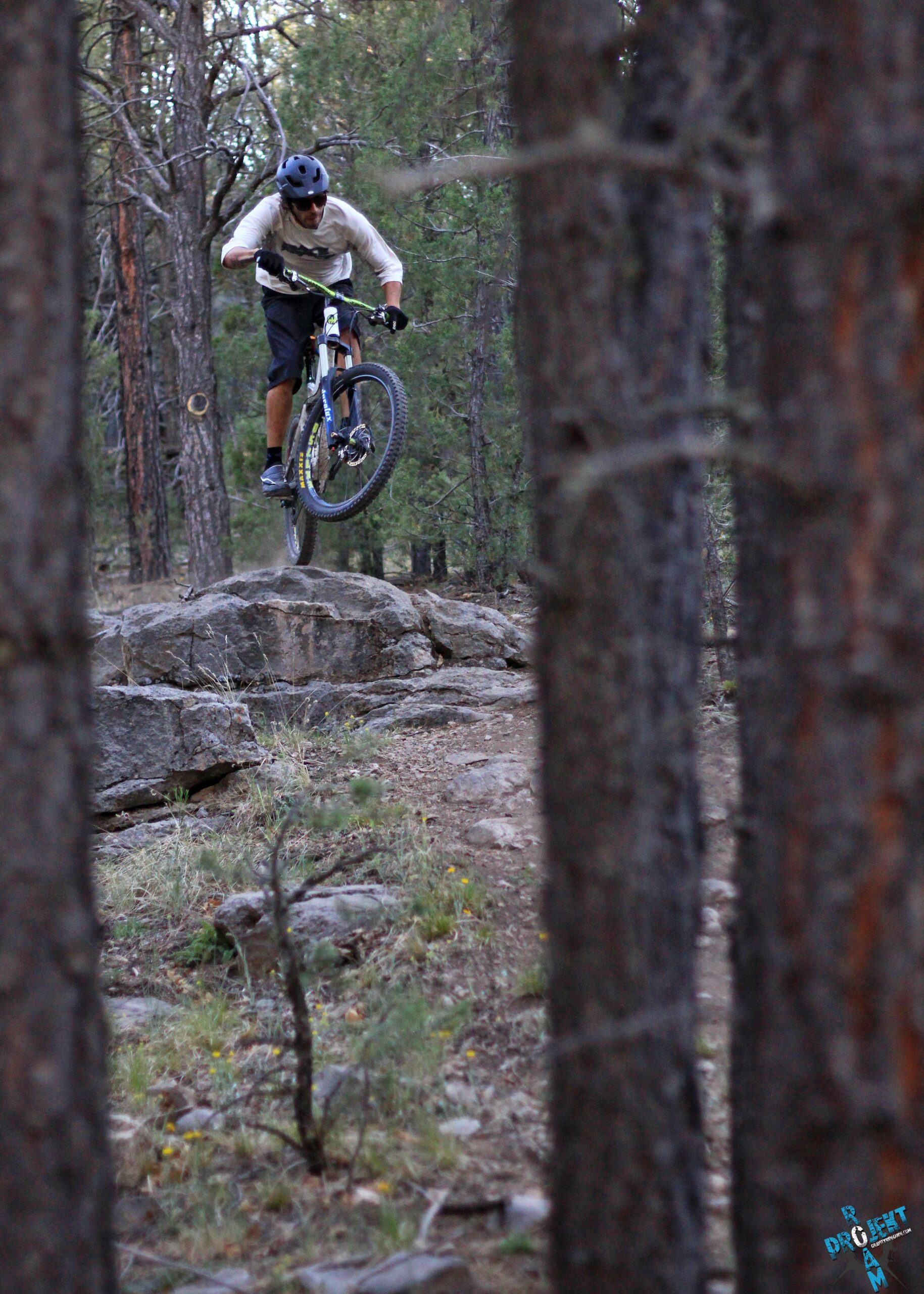 A person on a mountain bike performs a jump over a rocky section of a forest trail, with trees in the foreground. The rider is wearing a helmet and gear, focusing intently as they navigate the terrain. Otero Canyon mountain bike trail.