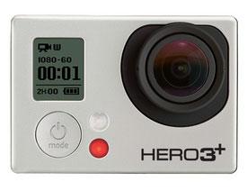 GoPro HERO3 Plus  Black Edition: Image of a GoPro HERO3+ camera, featuring a lens on the right and an LCD display on the left showing recording settings and time. The camera has a silver finish with a prominent red recording button.