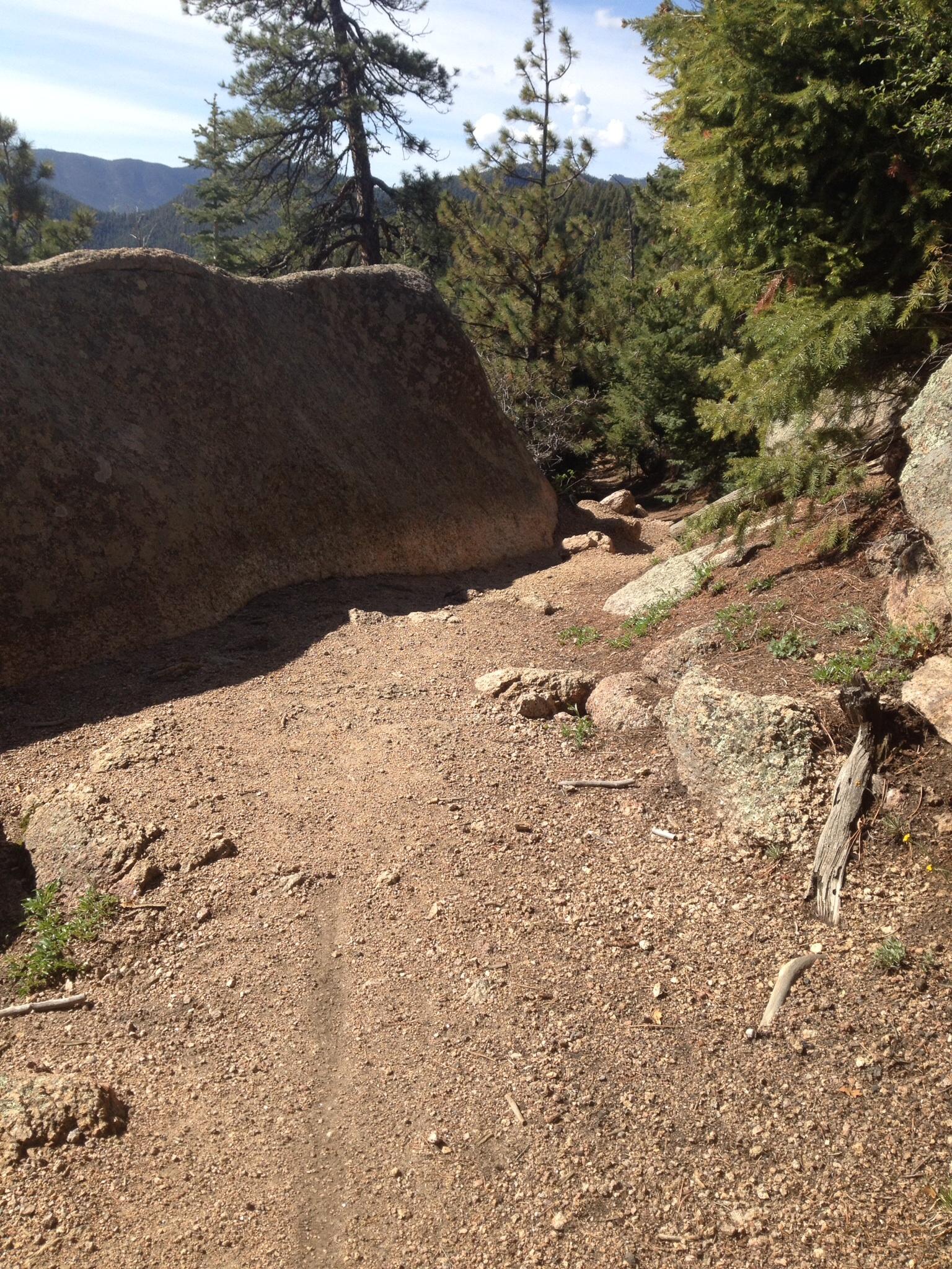 A dirt trail winding through a forested area, flanked by large boulders and scattered rocks. Pine trees surround the path, with distant mountains visible in the background under a partly cloudy sky. Palmer Trail / Section 16 mountain bike trail.