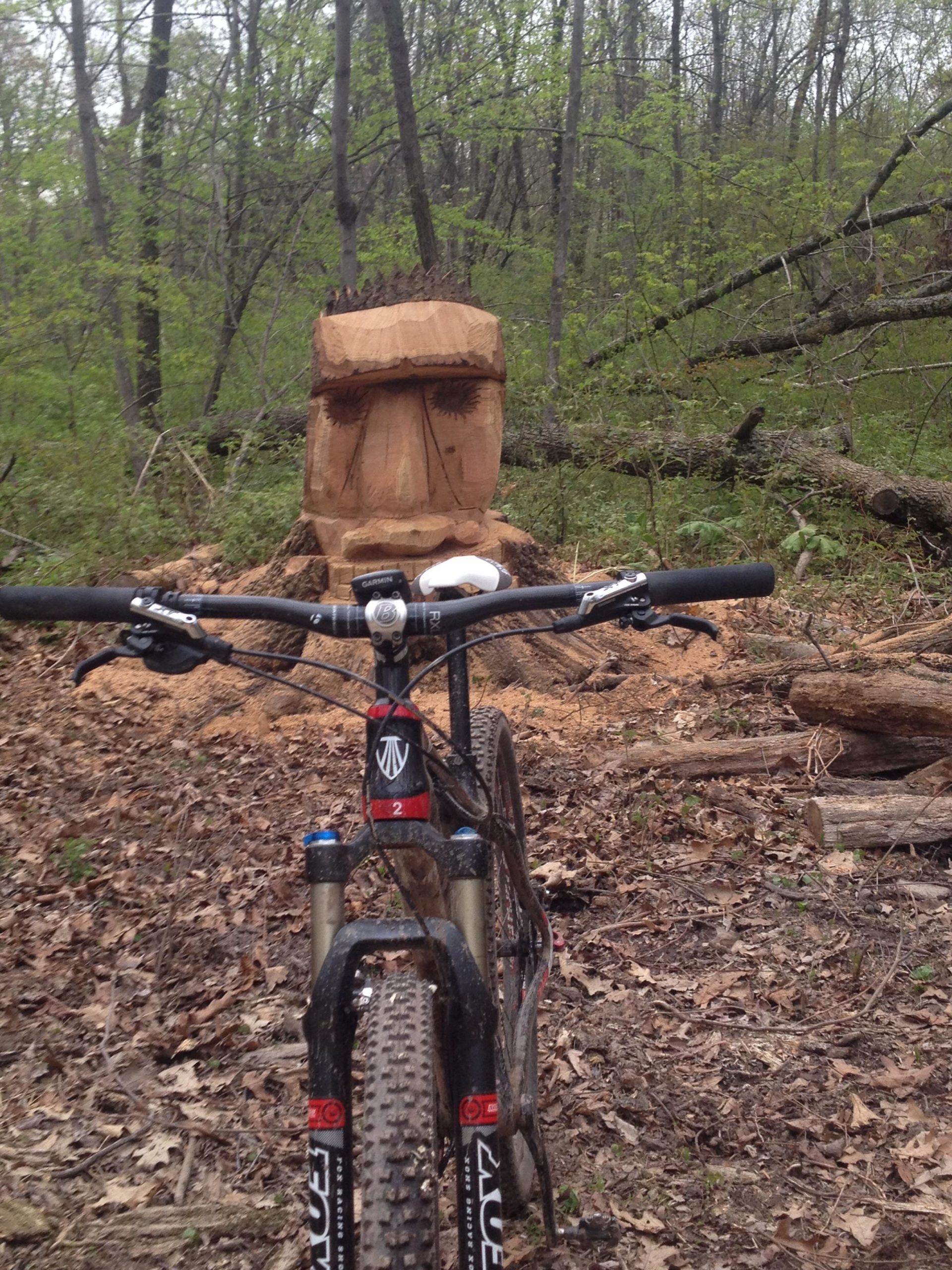 A mountain bike is positioned in the foreground, with a carved wooden statue resembling a face in the background. The scene is set in a forested area, surrounded by greenery and fallen leaves, showcasing a blend of nature and artistic craftsmanship. Nockamixon State Park mountain bike trail.