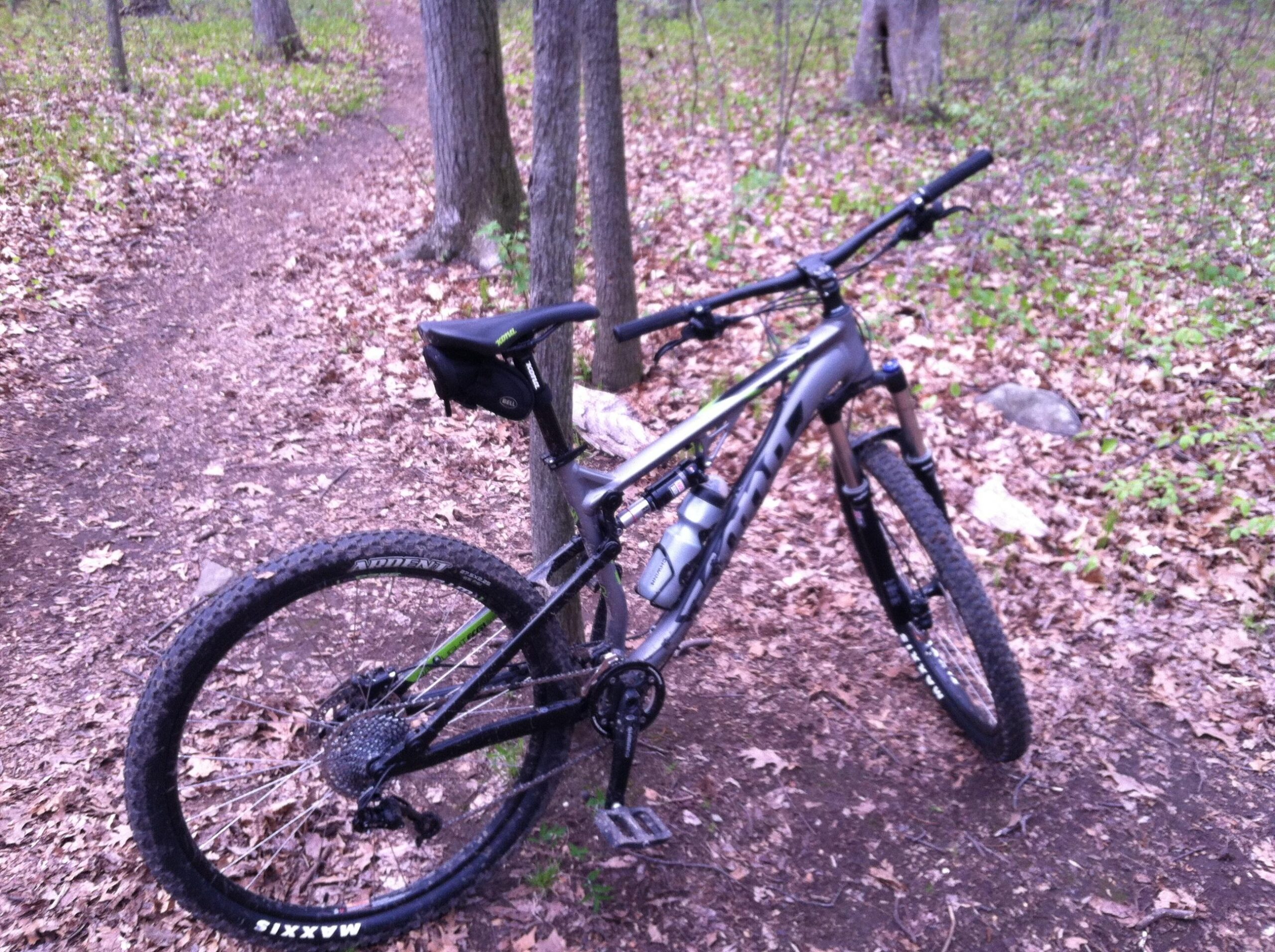 Kona Precept DL: A mountain bike leaning against a tree on a dirt trail covered with fallen leaves, surrounded by a forested area with green foliage. The bike features a gray frame and is equipped with a small saddle bag and water bottle.