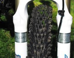 WTB WeirWolf: Close-up view of a mountain bike fork and tire, featuring a tread pattern on the tire and a visible shock absorber with branding. The background includes green grass, indicating an outdoor setting.