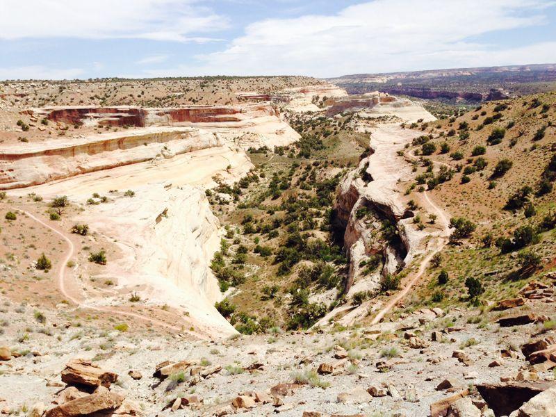 A wide view of a rugged canyon landscape featuring layered rock formations in shades of red, orange, and cream. The foreground shows rocky terrain and sparse vegetation, while the background includes undulating hills and a clear blue sky with scattered clouds. The winding paths through the canyon indicate trails for exploration. Western Rim mountain bike trail.