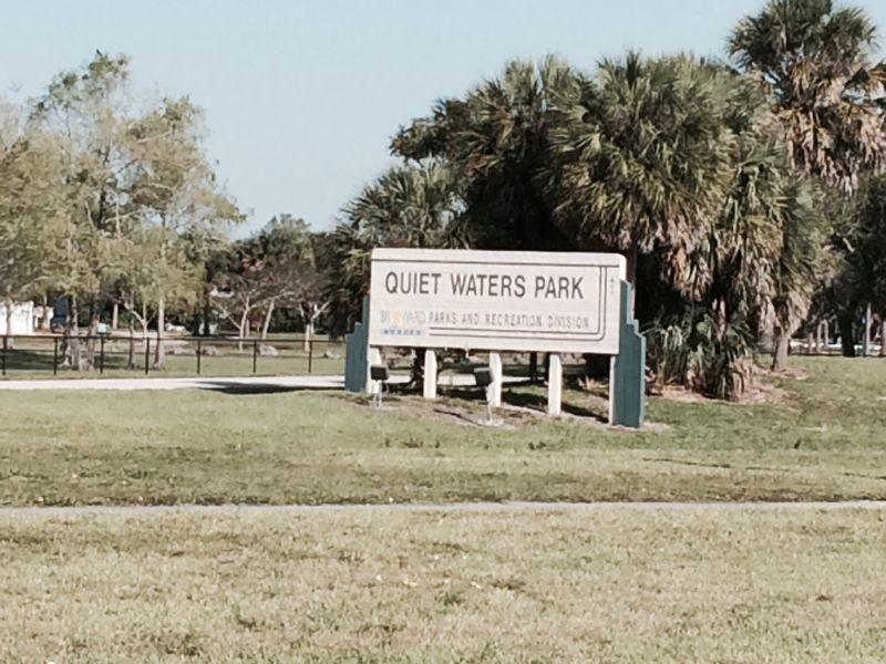 Sign at the entrance of Quiet Waters Park, surrounded by green grass and palm trees, with a clear blue sky in the background. Quiet Waters Park mountain bike trail.